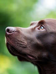 Poster - Close-up portrait of a chocolate labrador retriever dog looking up, its brown fur detailed against a blurred green background. : Generative AI