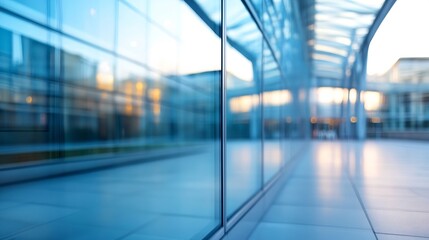 Aufkleber - Abstract image of a modern glass building exterior reflecting a blurred cityscape at sunset, showcasing sleek architectural lines and a tranquil atmosphere. : Generative AI