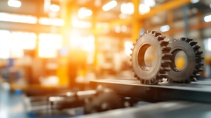 Aufkleber - Close-up of two industrial metal gears resting on a metallic surface, factory background blurred, warm lighting, showcasing precision engineering and manufacturing. : Generative AI