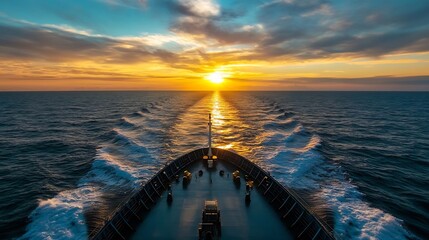 Aufkleber - Majestic sunset view from a cargo ship's bow, cutting through dark blue ocean waves, golden sunlight reflecting on the water's surface. : Generative AI