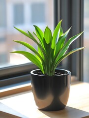 Poster - A vibrant green houseplant, possibly a dracaena, thrives in a sleek, dark gray pot, bathed in sunlight near a window. : Generative AI