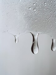 Poster - Close-up of water droplets clinging to a surface, then dripping down in a slow motion, creating a unique texture and pattern. : Generative AI