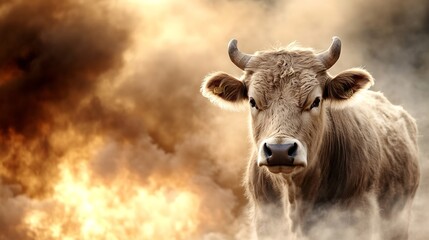 Poster - A light brown cow stands calmly amidst a backdrop of swirling smoke and fiery orange hues, creating a dramatic and evocative image. : Generative AI