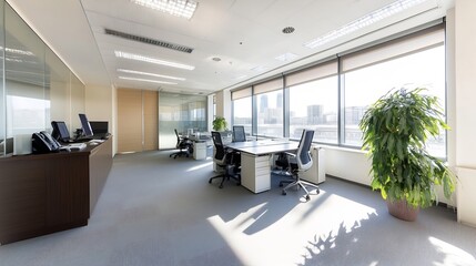 Poster - Modern office interior with two desks, chairs, and a large plant near a window overlooking a city skyline. Sunlight streams through the window, illuminating the room. : Generative AI