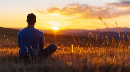 Leinwandbilder - Silhouette of a man meditating in a field at sunset, enjoying the peaceful golden hour light and serene mountain landscape. : Generative AI