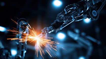 Aufkleber - A tech-forward image with glowing dark blue and orange tones and light blue highlights. A photograph of a robot blacksmith working with sparks flying around