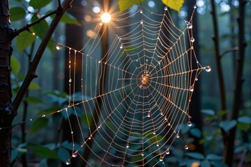 Wall Mural - intricate spiderweb glistening with morning dew in a forest