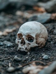 Aufkleber - A weathered human skull rests on dark, gravelly ground, suggesting themes of mortality, death, and the passage of time.  The skull's detail is stark against the muted earth tones. : Generative AI