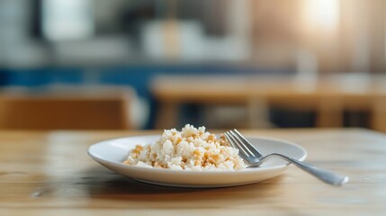 Poster - A partially eaten plate of rice with chickpeas rests on a light wood table in a softly blurred cafe setting, a fork nearby. : Generative AI