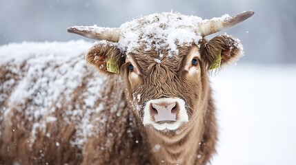 Fototapete - Close-up portrait of a young brown highland cow covered in fresh snow, looking directly at the camera in a winter landscape. : Generative AI