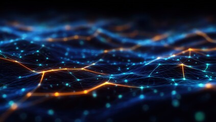 Poster - A glowing digital network of interconnected points and lines forms a futuristic, abstract landscape on a dark background.