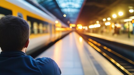 Aufkleber - A lone man sits on a train platform, watching a yellow train depart, the station lights blurring into bokeh in the background. : Generative AI