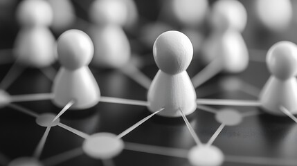 Fototapete - Abstract network visualization: white figures interconnected on a dark surface, representing communication, teamwork, or global connection. : Generative AI