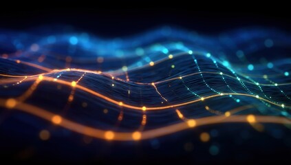 Fototapete - Abstract digital landscape with glowing lines and data points, representing technology and network connectivity.