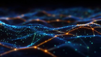 Poster - A glowing digital landscape with interconnected points and lines, resembling a network or data visualization on a dark background.