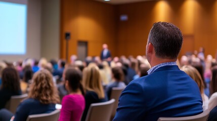 Aufkleber - Attentive businessman in a blue suit sits in a large conference room, listening to a presentation, surrounded by a blurred audience. : Generative AI