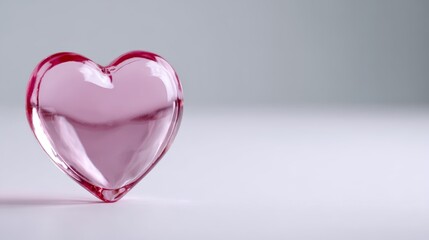 Poster - A glass heart radiates soft red to pink hues on a smooth white surface, creating a serene and romantic atmosphere with ample empty space beside it