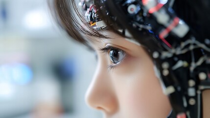 Poster - Close-up profile view of a young woman wearing a complex technological headpiece, her gaze directed to the side, suggesting futuristic themes of technology and human connection. : Generative AI