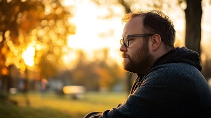 Poster - Man with beard and glasses sits outdoors at sunset, contemplating life's complexities in a pensive mood, bathed in golden light. : Generative AI
