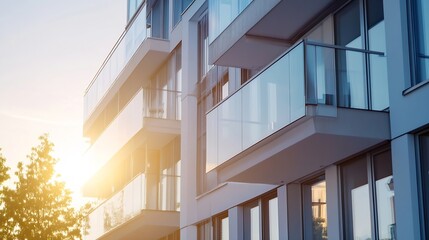 Poster - Modern apartment building exterior at sunset, showcasing sleek glass balconies and large windows reflecting the warm evening light.  Architectural detail of contemporary residential de : Generative AI
