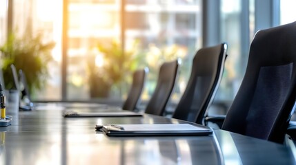Poster - Empty conference room with modern chairs and a clipboard on a sleek table, bathed in warm sunlight streaming through large windows. : Generative AI