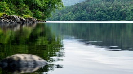 Poster - Serene lake reflecting lush green trees and rocky shoreline, a tranquil nature scene perfect for relaxation and peaceful contemplation. : Generative AI