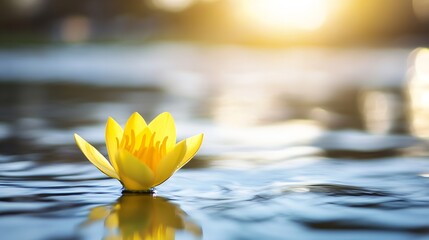 Poster - Single yellow water lily floating serenely on calm water, bathed in warm sunlight, creating a peaceful and tranquil scene. : Generative AI