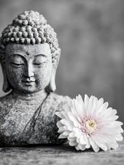 Poster - Serene grayscale image of a buddha statue bust, meticulously detailed, alongside a delicate white gerbera daisy, symbolizing peace and tranquility. : Generative AI