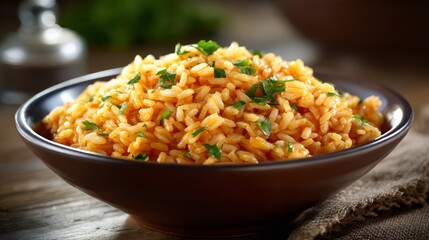 Poster - Saffron risotto is skillfully presented in a ceramic bowl, topped with fresh herbs, creating a colorful dish on a rustic wooden table, perfect for culinary projects