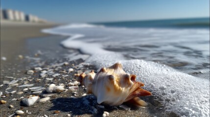 Aufkleber - Seashell on sandy beach with ocean wave foam, close-up view of a large seashell resting on wet sand near the ocean's edge.