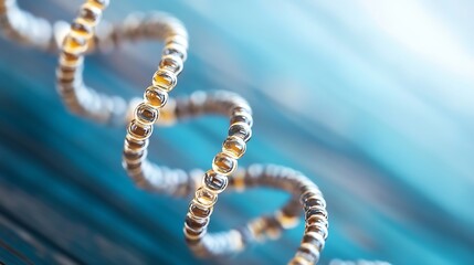 Fototapete - Abstract spiral of translucent amber beads against a blurred teal background, suggesting a scientific or technological concept. : Generative AI