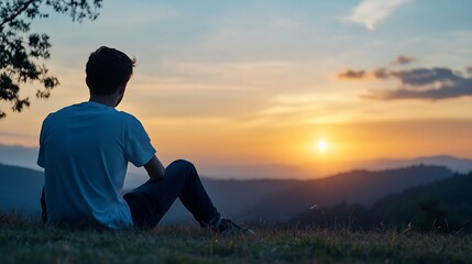 Poster - Silhouette of a man sitting on a grassy hill, watching a vibrant sunset over a mountain range.  The warm colors of the sky create a peaceful and contemplative atmosphere. : Generative AI