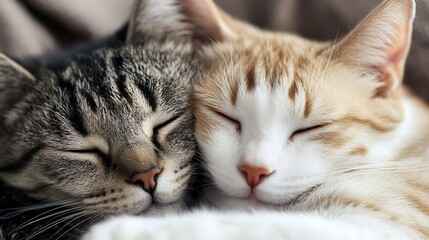 Poster - Two adorable cats, a tabby and a ginger, are nestled together peacefully, eyes closed, enjoying a sweet nap.  Their soft fur and gentle expressions create a heartwarming scene of felin : Generative AI