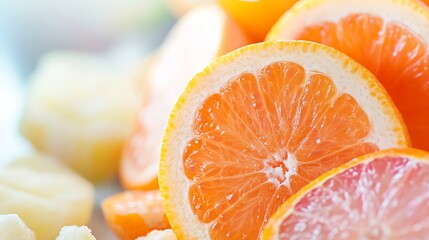 Poster - Close-up view of vibrant orange citrus fruit slices, showcasing juicy segments and textured rind.  The bright, saturated colors suggest freshness and health. : Generative AI