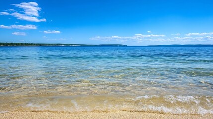 Aufkleber - Serene summer day at a lake, featuring clear, shallow water lapping gently on a sandy shore, under a vibrant blue sky with fluffy white clouds and a distant tree line. : Generative AI