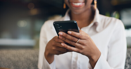 Aufkleber - Hands, business woman and smartphone with communication, closeup or online conversation with smile. Professional chat, contact or technology with mobile app, social media and person with networking