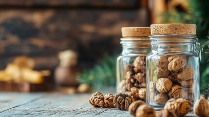 Aufkleber - Two glass jars filled with walnuts sit on a rustic wooden table, next to a pine branch.  The background is blurred, showing a dark wooden wall and other indistinct objects. : Generative AI