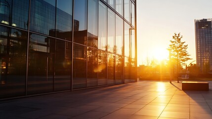 Poster - Modern glass building reflecting sunset, urban cityscape at golden hour.  Sunlight illuminates plaza, creating warm tones and shadows. : Generative AI