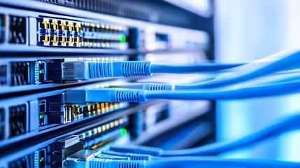 Poster - Close-up view of blue fiber optic cables connected to a network switch in a server room, showcasing technology and connectivity. : Generative AI