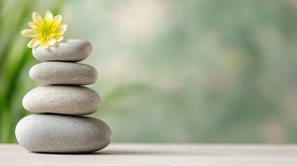 Poster - Serene Stack of Grey Stones Topped with a Yellow Flower Against a Soft Green Background, Representing Tranquility and Balance in Nature. : Generative AI