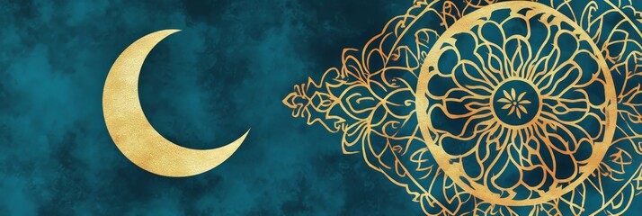 Wall Mural - a blue background with a yellow crescent moon. the moon is lit up by the sun. the image has a peacef