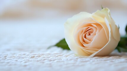 Poster - Close-up of a single, pale peach rose resting gently on a soft, textured white fabric. The delicate petals and soft light create a serene and romantic atmosphere. : Generative AI