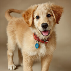 Poster - Adorable golden retriever puppy stands, wearing a red collar with a blue tag, against a neutral brown background.  The puppy's playful expression and soft fur are highlighted.
