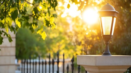 Poster - A black metal garden lamp sits atop a light beige stone pillar, bathed in the warm golden light of a summer sunset, with blurred green foliage and a wrought iron fence in the backgroun : Generative AI