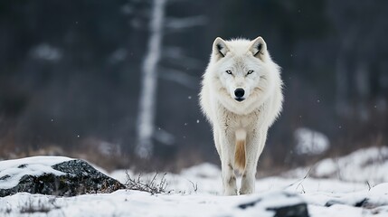 Poster - Majestic arctic wolf standing in snowy landscape, gazing directly at the camera.  Its white fur contrasts sharply with the dark, blurry background of trees and snow-covered ground. : Generative AI
