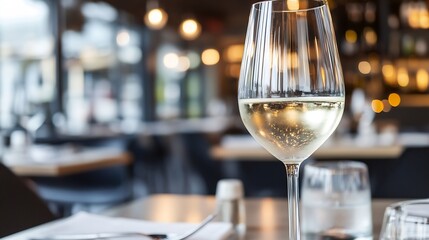 Poster - A glass of sparkling white wine sits on a table in a restaurant, the background is blurred, showing warm lighting and other tables. : Generative AI