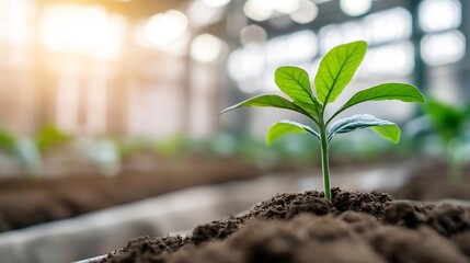 Aufkleber - A single, vibrant green seedling sprouts from rich dark soil, bathed in soft sunlight against a blurred industrial greenhouse backdrop, symbolizing growth and new beginnings. : Generative AI