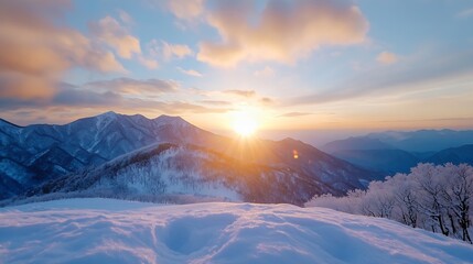 Poster - Majestic sunrise over snow-covered Japanese alps, illuminating frosty trees and pristine mountain peaks with a warm golden light. : Generative AI