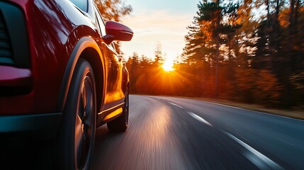 Poster - Red SUV speeding on a winding road during sunset, autumnal forest scenery, motion blur effect, vibrant colors, journey concept. : Generative AI