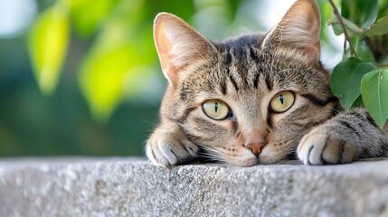Poster - Close-up portrait of a tabby cat resting on a stone wall, surrounded by lush green foliage. Its captivating gaze and soft fur are highlighted. : Generative AI